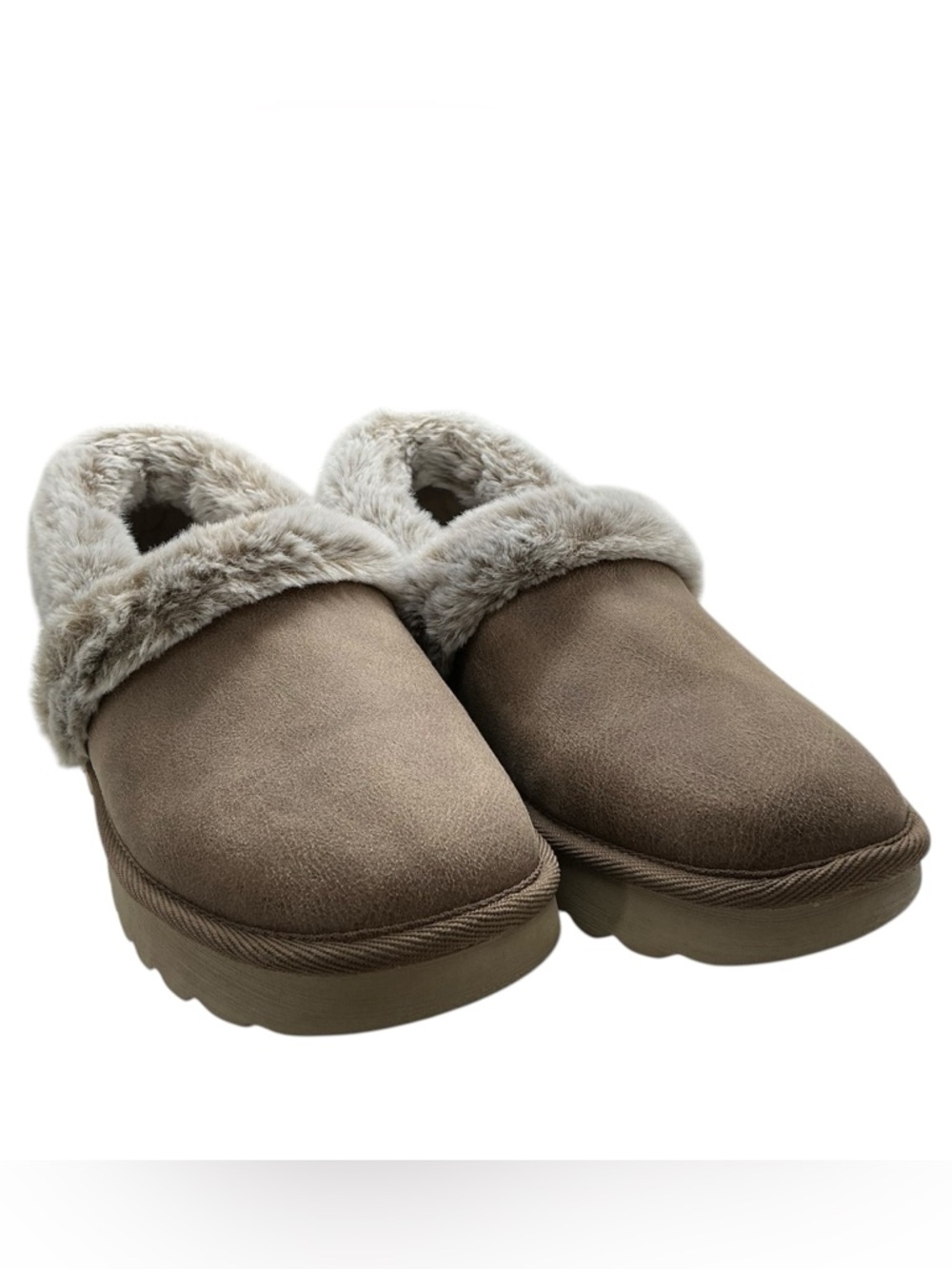 Woman’s Skechers Taupe Memory Foam Cozy Up Slip-On  Slippers Loungewear Sz 10